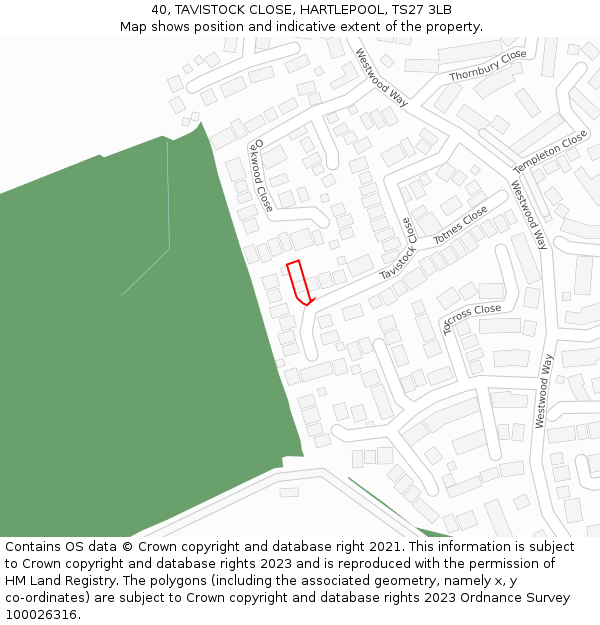 40, TAVISTOCK CLOSE, HARTLEPOOL, TS27 3LB: Location map and indicative extent of plot