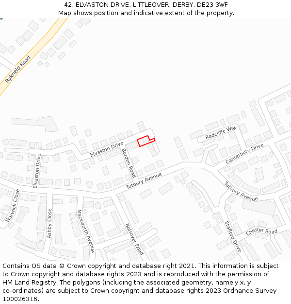 42, ELVASTON DRIVE, LITTLEOVER, DERBY, DE23 3WF: Location map and indicative extent of plot