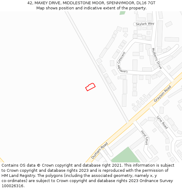 42, MAXEY DRIVE, MIDDLESTONE MOOR, SPENNYMOOR, DL16 7GT: Location map and indicative extent of plot