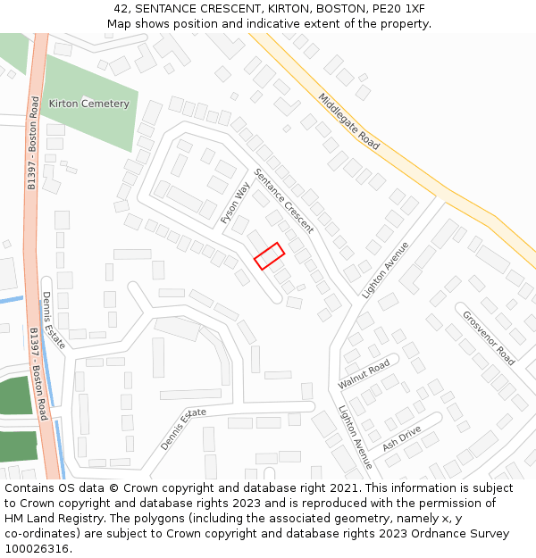 42, SENTANCE CRESCENT, KIRTON, BOSTON, PE20 1XF: Location map and indicative extent of plot