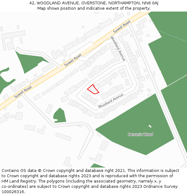 42, WOODLAND AVENUE, OVERSTONE, NORTHAMPTON, NN6 0AJ: Location map and indicative extent of plot