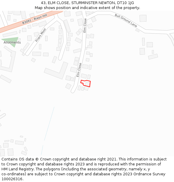 43, ELM CLOSE, STURMINSTER NEWTON, DT10 1JG: Location map and indicative extent of plot