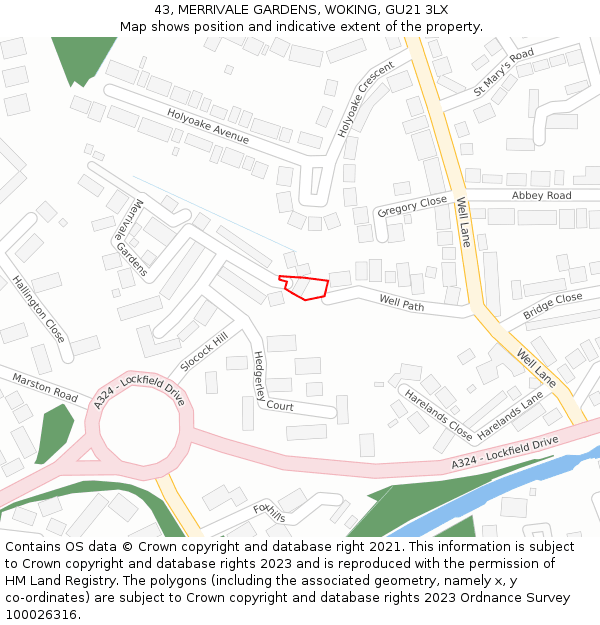 43, MERRIVALE GARDENS, WOKING, GU21 3LX: Location map and indicative extent of plot