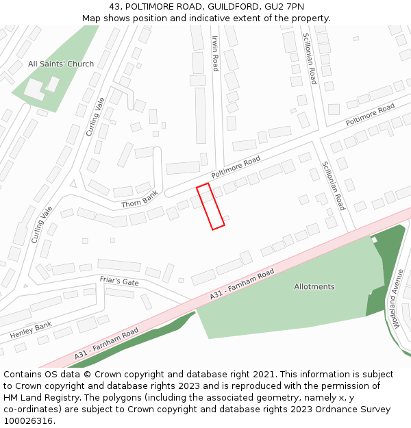 43, POLTIMORE ROAD, GUILDFORD, GU2 7PN: Location map and indicative extent of plot