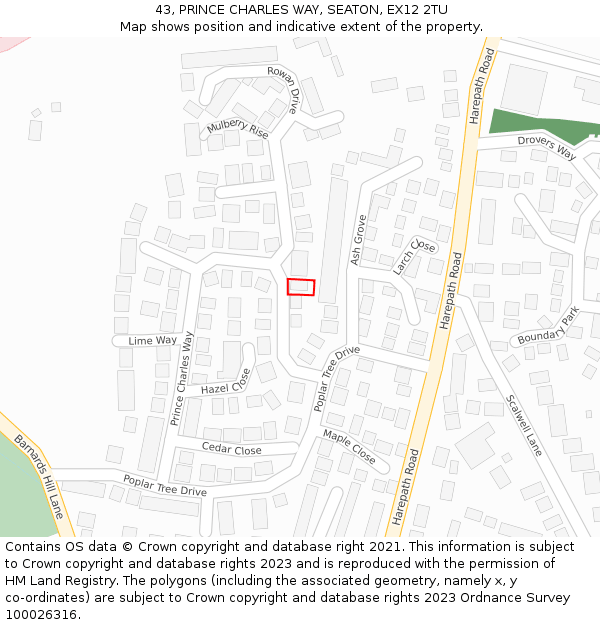 43, PRINCE CHARLES WAY, SEATON, EX12 2TU: Location map and indicative extent of plot