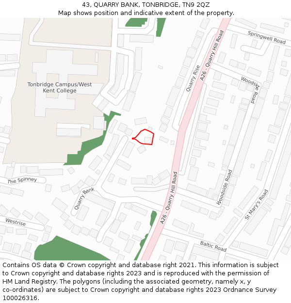 43, QUARRY BANK, TONBRIDGE, TN9 2QZ: Location map and indicative extent of plot