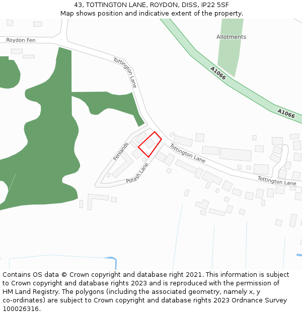 43, TOTTINGTON LANE, ROYDON, DISS, IP22 5SF: Location map and indicative extent of plot