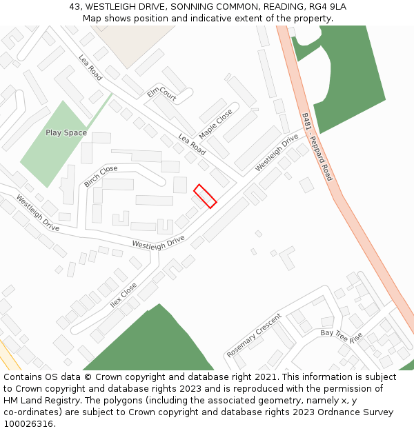 43, WESTLEIGH DRIVE, SONNING COMMON, READING, RG4 9LA: Location map and indicative extent of plot