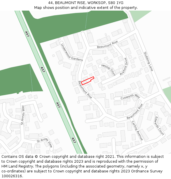 44, BEAUMONT RISE, WORKSOP, S80 1YG: Location map and indicative extent of plot