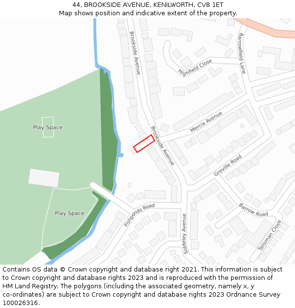 44, BROOKSIDE AVENUE, KENILWORTH, CV8 1ET: Location map and indicative extent of plot