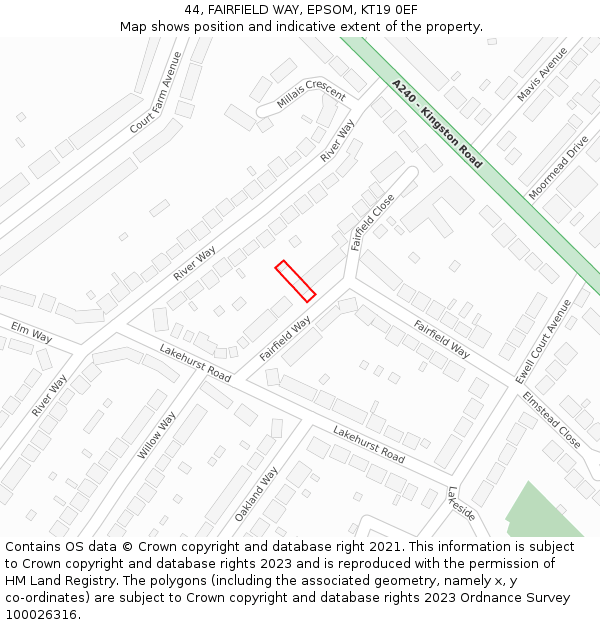 44, FAIRFIELD WAY, EPSOM, KT19 0EF: Location map and indicative extent of plot