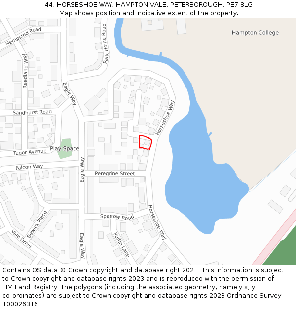 44, HORSESHOE WAY, HAMPTON VALE, PETERBOROUGH, PE7 8LG: Location map and indicative extent of plot