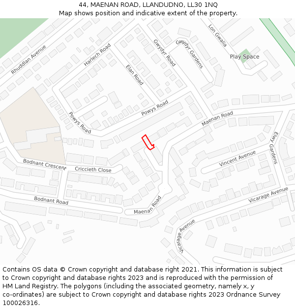 44, MAENAN ROAD, LLANDUDNO, LL30 1NQ: Location map and indicative extent of plot