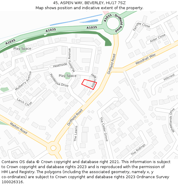 45, ASPEN WAY, BEVERLEY, HU17 7SZ: Location map and indicative extent of plot