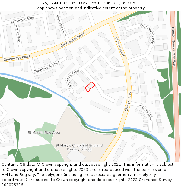 45, CANTERBURY CLOSE, YATE, BRISTOL, BS37 5TL: Location map and indicative extent of plot