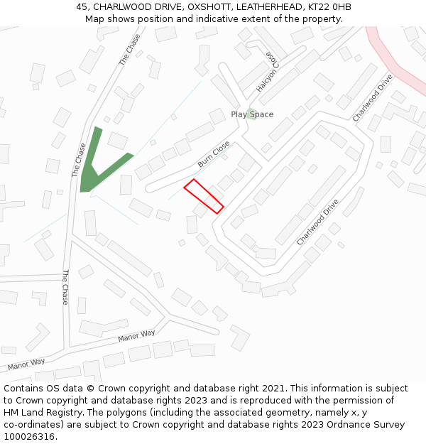 45, CHARLWOOD DRIVE, OXSHOTT, LEATHERHEAD, KT22 0HB: Location map and indicative extent of plot