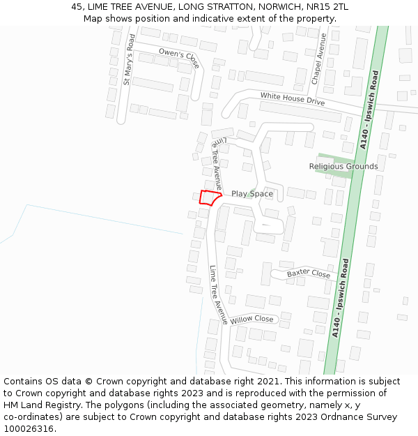 45, LIME TREE AVENUE, LONG STRATTON, NORWICH, NR15 2TL: Location map and indicative extent of plot