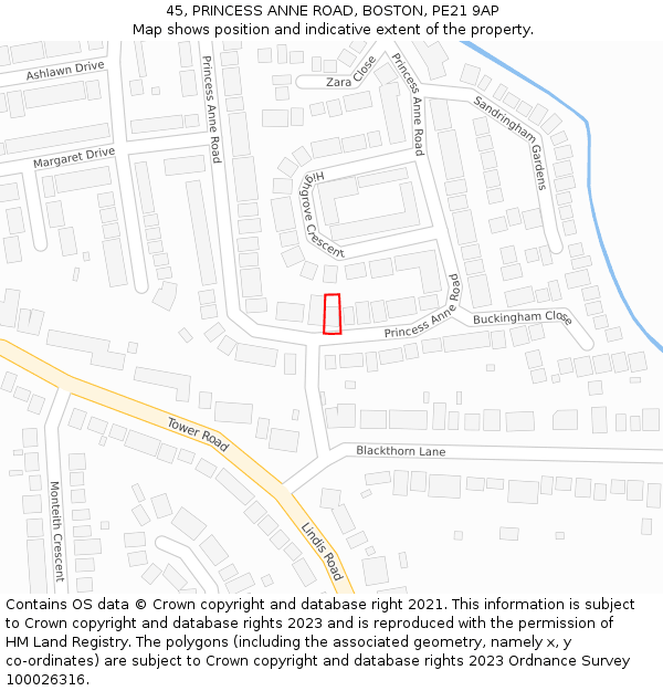 45, PRINCESS ANNE ROAD, BOSTON, PE21 9AP: Location map and indicative extent of plot