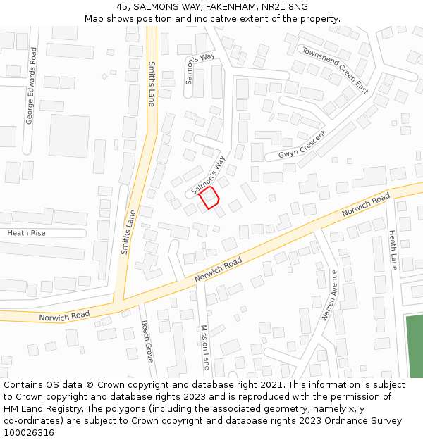 45, SALMONS WAY, FAKENHAM, NR21 8NG: Location map and indicative extent of plot