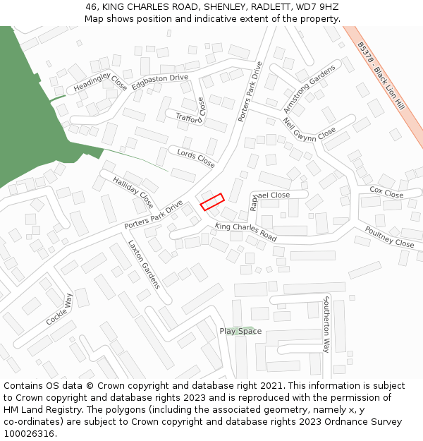 46, KING CHARLES ROAD, SHENLEY, RADLETT, WD7 9HZ: Location map and indicative extent of plot