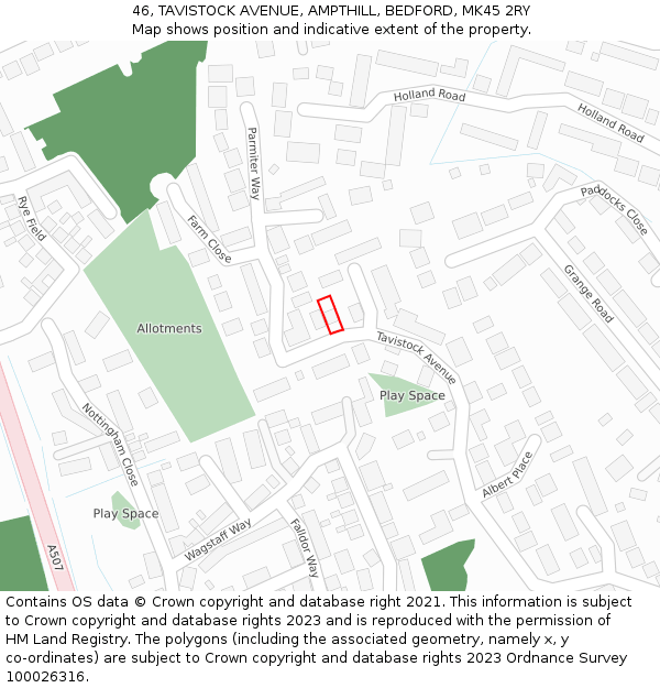 46, TAVISTOCK AVENUE, AMPTHILL, BEDFORD, MK45 2RY: Location map and indicative extent of plot