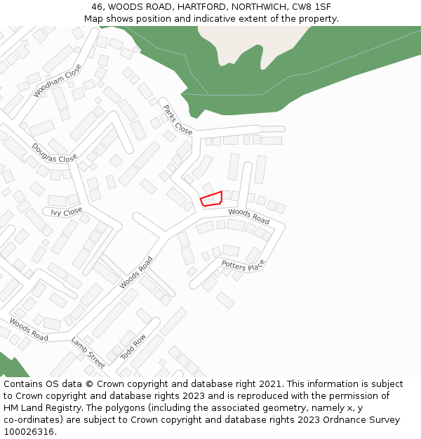 46, WOODS ROAD, HARTFORD, NORTHWICH, CW8 1SF: Location map and indicative extent of plot