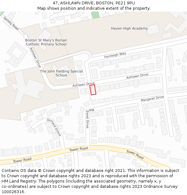 47, ASHLAWN DRIVE, BOSTON, PE21 9PU: Location map and indicative extent of plot