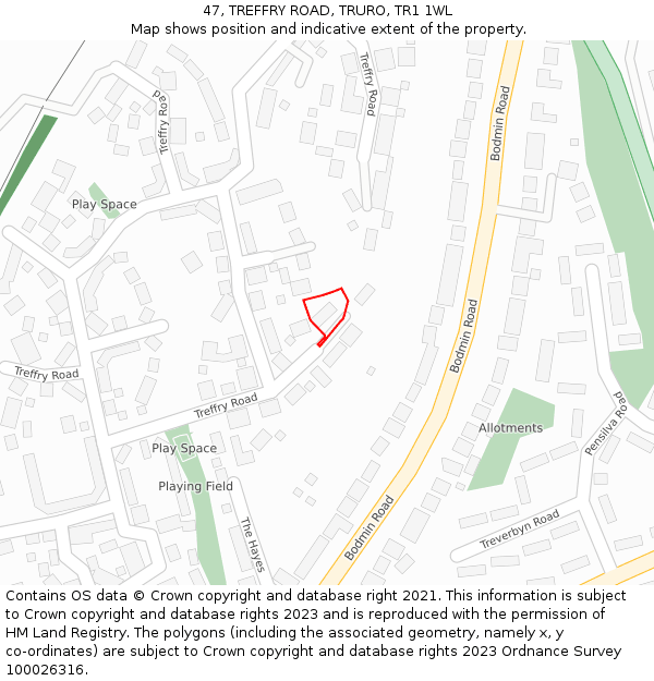 47, TREFFRY ROAD, TRURO, TR1 1WL: Location map and indicative extent of plot