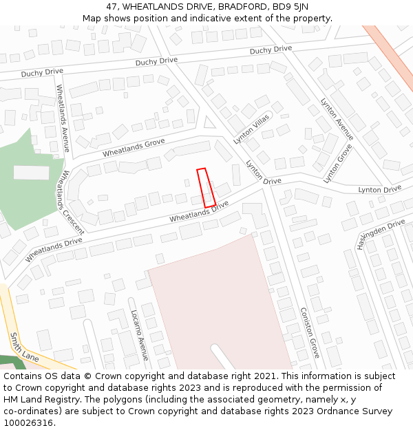 47, WHEATLANDS DRIVE, BRADFORD, BD9 5JN: Location map and indicative extent of plot