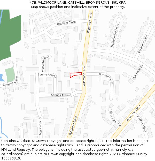 47B, WILDMOOR LANE, CATSHILL, BROMSGROVE, B61 0PA: Location map and indicative extent of plot