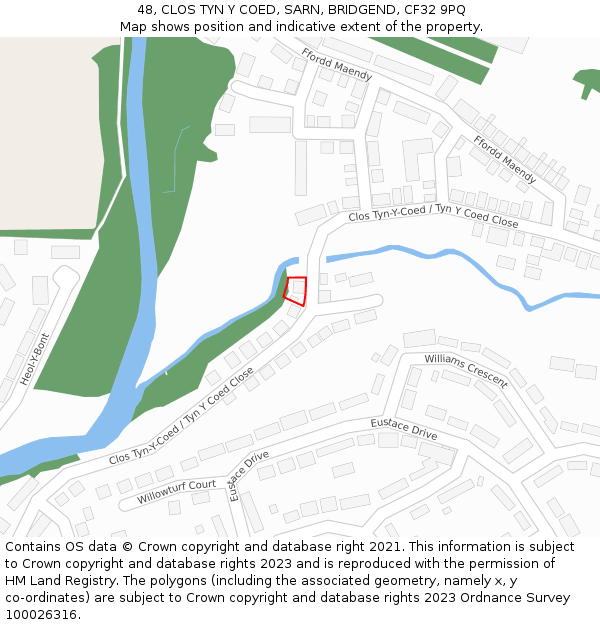 48, CLOS TYN Y COED, SARN, BRIDGEND, CF32 9PQ: Location map and indicative extent of plot