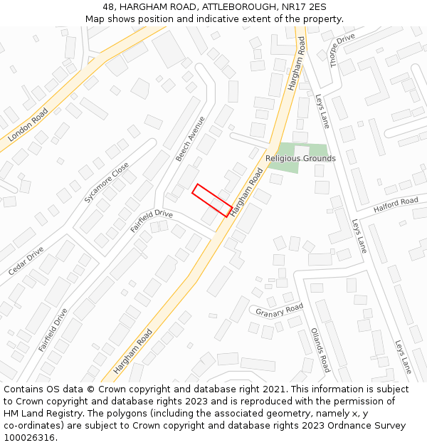 48, HARGHAM ROAD, ATTLEBOROUGH, NR17 2ES: Location map and indicative extent of plot