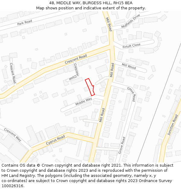 48, MIDDLE WAY, BURGESS HILL, RH15 8EA: Location map and indicative extent of plot