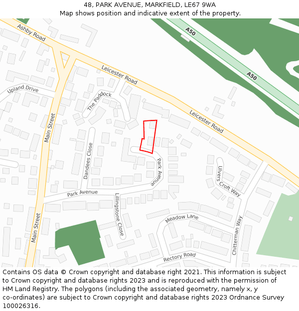 48, PARK AVENUE, MARKFIELD, LE67 9WA: Location map and indicative extent of plot