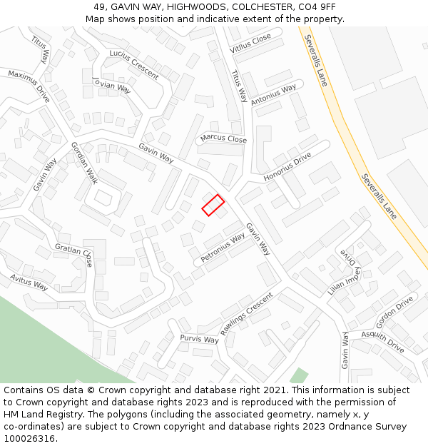 49, GAVIN WAY, HIGHWOODS, COLCHESTER, CO4 9FF: Location map and indicative extent of plot