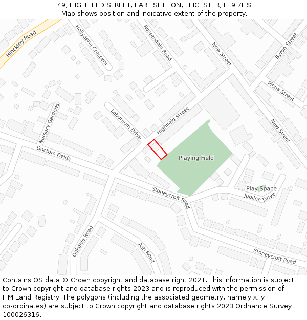 49, HIGHFIELD STREET, EARL SHILTON, LEICESTER, LE9 7HS: Location map and indicative extent of plot