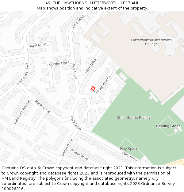 49, THE HAWTHORNS, LUTTERWORTH, LE17 4UL: Location map and indicative extent of plot