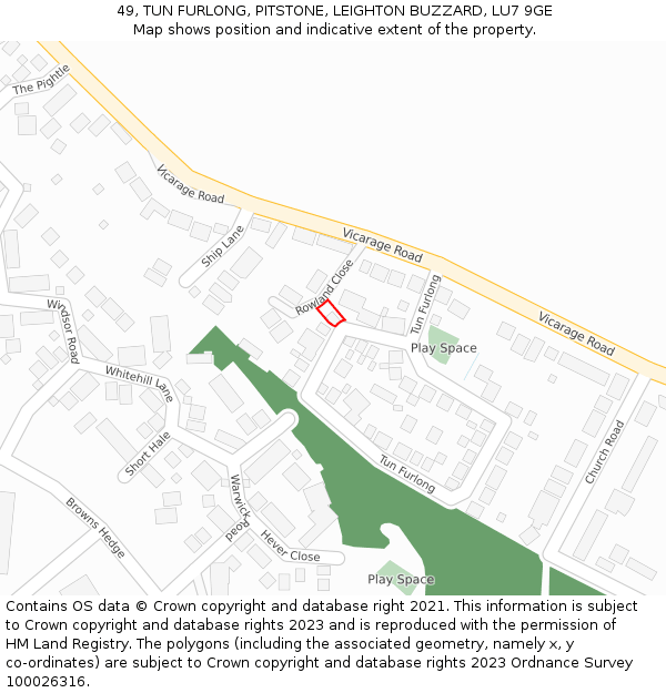 49, TUN FURLONG, PITSTONE, LEIGHTON BUZZARD, LU7 9GE: Location map and indicative extent of plot