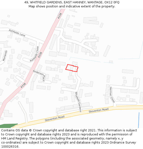 49, WHITFIELD GARDENS, EAST HANNEY, WANTAGE, OX12 0FQ: Location map and indicative extent of plot