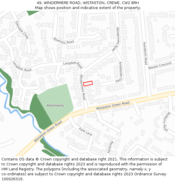 49, WINDERMERE ROAD, WISTASTON, CREWE, CW2 8RH: Location map and indicative extent of plot