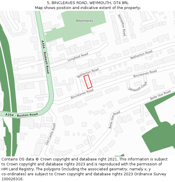 5, BINCLEAVES ROAD, WEYMOUTH, DT4 8RL: Location map and indicative extent of plot