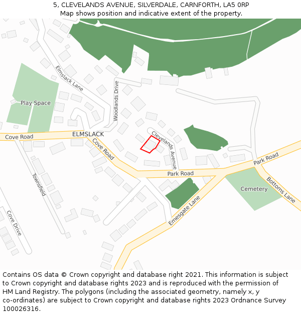 5, CLEVELANDS AVENUE, SILVERDALE, CARNFORTH, LA5 0RP: Location map and indicative extent of plot