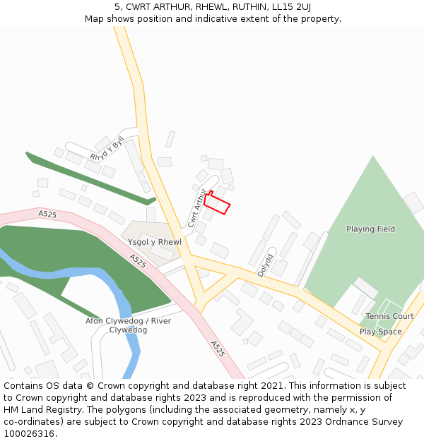 5, CWRT ARTHUR, RHEWL, RUTHIN, LL15 2UJ: Location map and indicative extent of plot