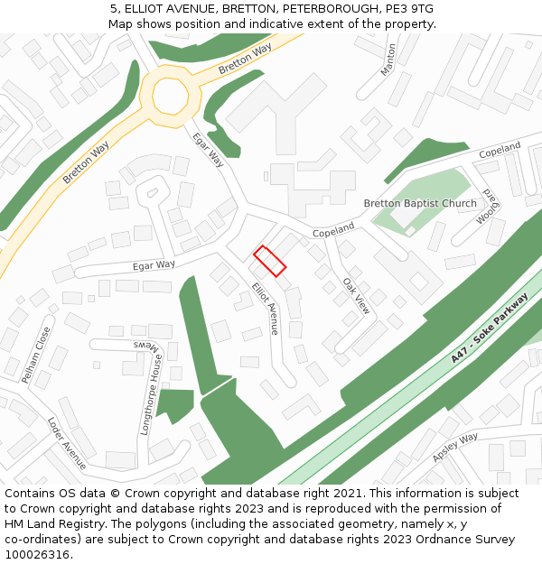 5, ELLIOT AVENUE, BRETTON, PETERBOROUGH, PE3 9TG: Location map and indicative extent of plot