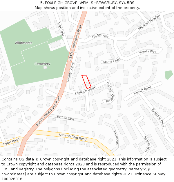 5, FOXLEIGH GROVE, WEM, SHREWSBURY, SY4 5BS: Location map and indicative extent of plot