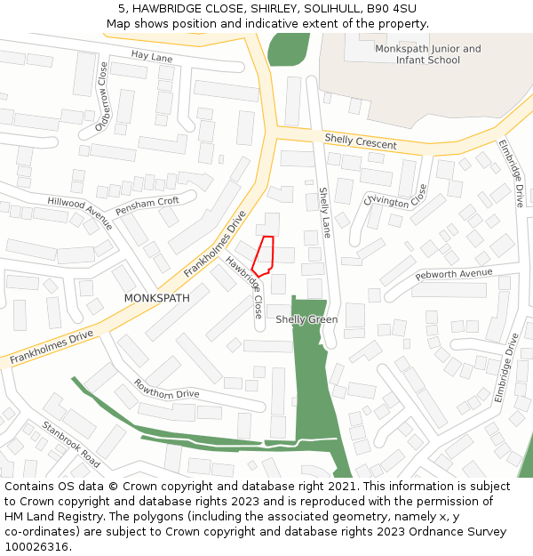 5, HAWBRIDGE CLOSE, SHIRLEY, SOLIHULL, B90 4SU: Location map and indicative extent of plot