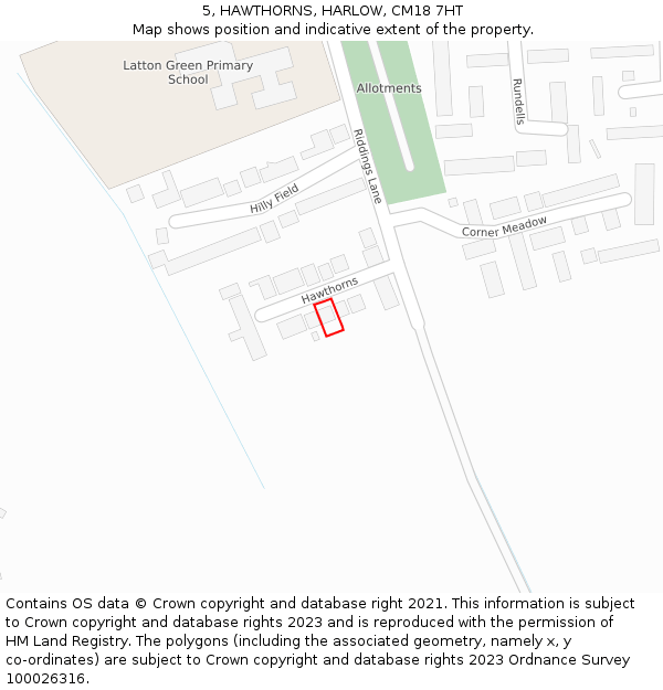 5, HAWTHORNS, HARLOW, CM18 7HT: Location map and indicative extent of plot