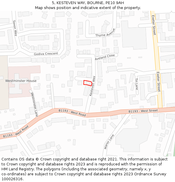 5, KESTEVEN WAY, BOURNE, PE10 9AH: Location map and indicative extent of plot