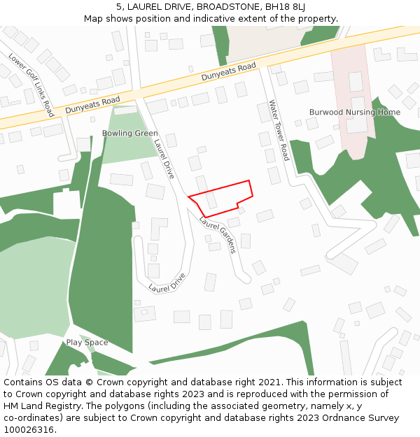 5, LAUREL DRIVE, BROADSTONE, BH18 8LJ: Location map and indicative extent of plot