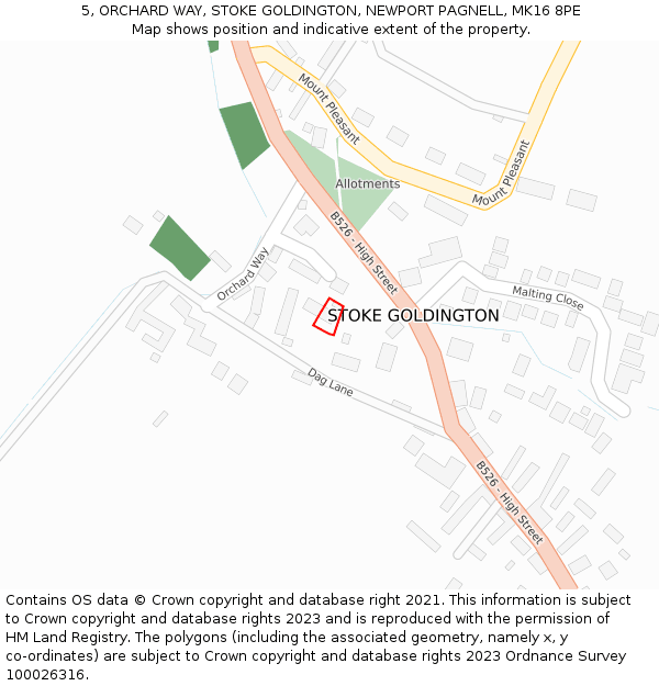 5, ORCHARD WAY, STOKE GOLDINGTON, NEWPORT PAGNELL, MK16 8PE: Location map and indicative extent of plot